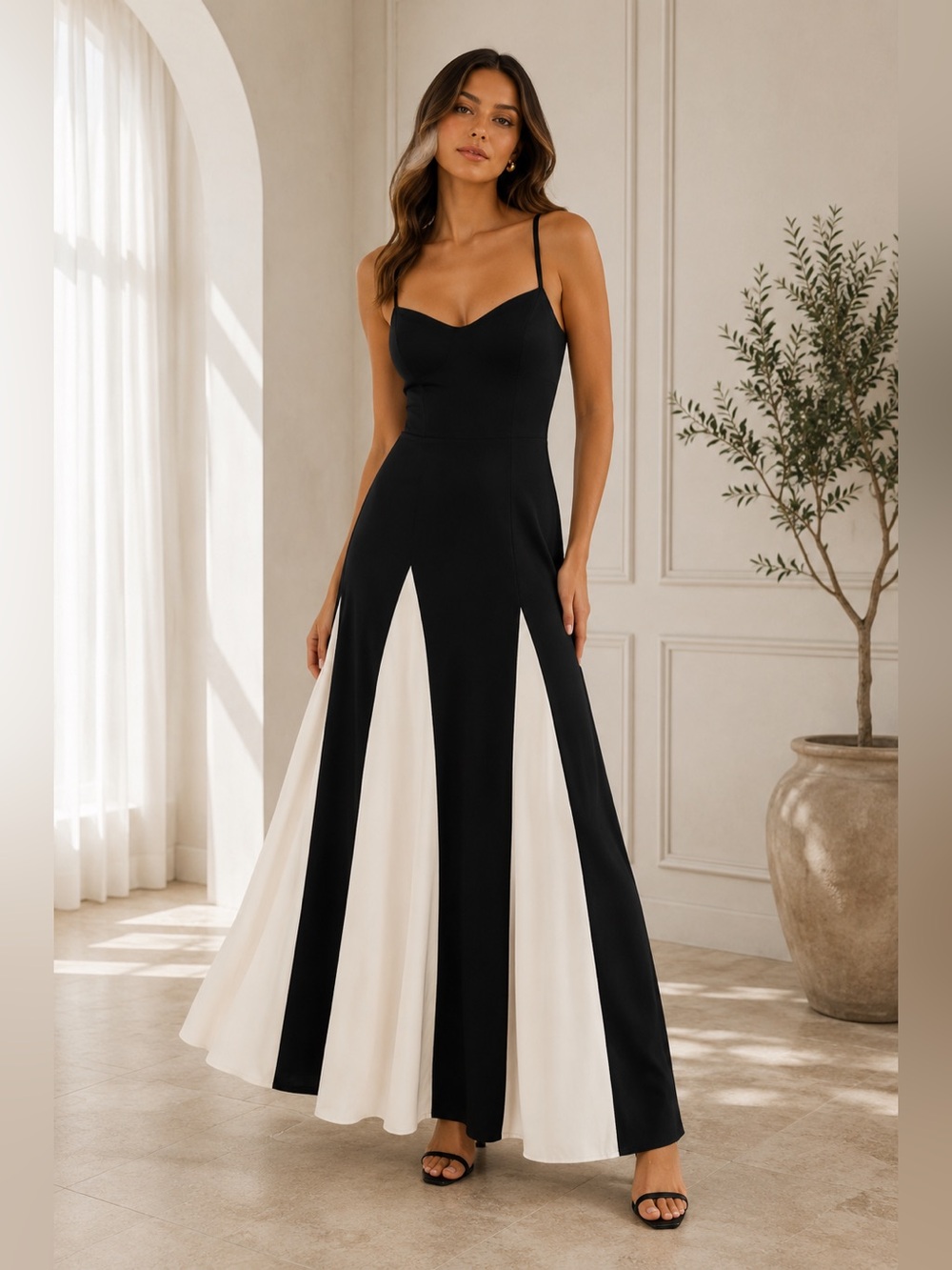 NEW - Elegant Black And White Dress With Spaghetti‎ Straps